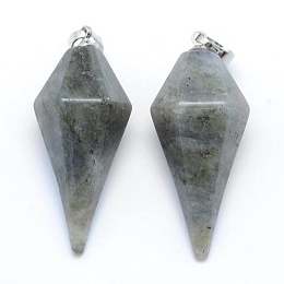 Honeyhandy Natural Labradorite Pointed Pendants, with Brass Findings, Bullet, Platinum, 38.5x16x14.5mm, Hole: 5x8mm