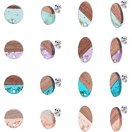 SUNNYCLUE 1 Box 8 Pairs 2 Styles Wood Stud Earrings Resin Flat Round Oval Walnut Wood Stud Earring Findings with Brass Ear Nuts for Women Adults Jewellery Earring Set Accessories