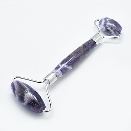 Honeyhandy Natural Amethyst Brass Face Massager, Facial Rollers, Platinum, 146~150x54~58x19~22mm