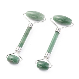 Honeyhandy Natural Green Aventurine Brass Face Massager, Facial Rollers, Platinum, 142~150x54~58x19~22mm