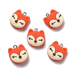 Honeyhandy Opaque Resin Pendants, with Platinum Tone Iron Loops, Fox, Orange Red, 19x17.5x8mm, Hole: 2mm