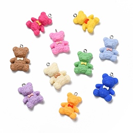 Honeyhandy Opaque Resin Pendants, with Platinum Tone Iron Loops, Bear with Bowknot, Mixed Color, 27~30x20~21.5x4.5~5mm, Hole: 2mm