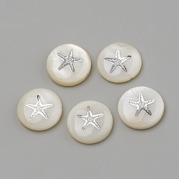 Honeyhandy Natural Freshwater Shell Beads, Flat Round & Starfish/Sea Stars, Platinum, 15x4mm, Hole: 1mm