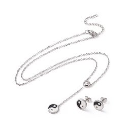 Honeyhandy Feng Shui 304 Stainless Steel Jewelry Sets, Necklaces and Stud Earrings, with Rhinestone and Enamel, Yin Yang, Stainless Steel Color, 16.93 inch(43cm), 10x2mm, Pin: 0.8mm