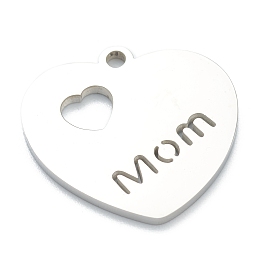 Honeyhandy 304 Stainless Steel Pendants, Heart with Word Mom, for Mother's Day, Stainless Steel Color, 19x20x1.5mm, Hole: 1.6mm