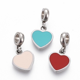 Honeyhandy 304 Stainless Steel Enamel Charms, Heart, Stainless Steel Color, Mixed Color, 13.2mm, Charm: 8.6x6.5x1.8mm, Hole: 2.5mm