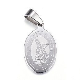 Honeyhandy 304 Stainless Steel Pendants, Oval with Archangel Michael, Stainless Steel Color, 21x13x1.5mm, Hole: 4x7mm