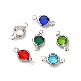 Honeyhandy 304 Stainless Steel with Glass Connector Charms, Flat Round Links, Stainless Steel Color, Mixed Color, 12.5x7x2mm, Hole: 1.5mm