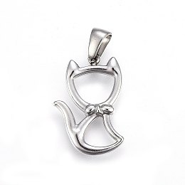 Honeyhandy 304 Stainless Steel Hollow Kitten Pendants, Cat with Bowknot Shape Shape, Stainless Steel Color, 22x15x3mm, Hole: 6x3mm