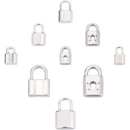 SUNNYCLUE 1 Box 9 Styles Silver Lock Charms Stainless Steel Padlock Pendants Mini Hollow Key Hole Lock Metal Charm for Valentine's Day Gifts Necklaces Earrings DIY Crafts Making Supplies