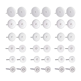 Arricraft 210Pcs 7 Size 304 Stainless Steel Stud Earring Settings, Flat Pad Earring Post, Flat Round, Stainless Steel Color, Tray: 3mm~12, 12x3~12mm, Pin: 0.7mm, 210pcs/Box