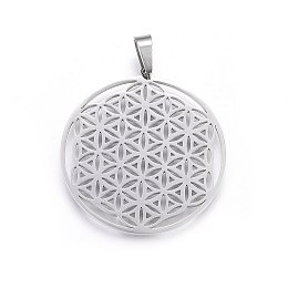 Honeyhandy 304 Stainless Steel Pendants, Spiritual Charms, Flat Round with Flower of Life/Sacred Geometry, Stainless Steel Color, 42x39x1.2mm, Hole: 8x6mm