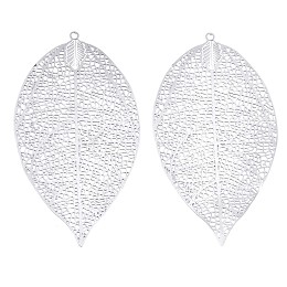 Honeyhandy 201 Stainless Steel Filigree Big Pendants, Etched Metal Embellishments, Leaf, Stainless Steel Color, 60x33x0.3mm, Hole: 1.6mm