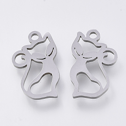 Honeyhandy 201 Stainless Steel Kitten Pendants, Laser Cut Pendants, Hollow Cat Shape, Stainless Steel Color, 15x9x1mm, Hole: 1.2mm