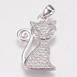 Honeyhandy Brass Micro Pave Cubic Zirconia Kitten Pendants, Cartoon Cat Shape, Platinum, 20.5x13x2mm, Hole: 2.5x4mm