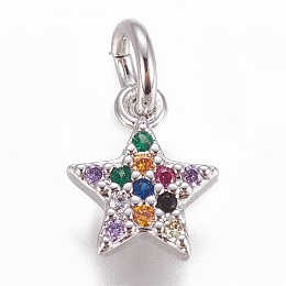 Honeyhandy Brass Micro Pave Cubic Zirconia Charms, Star, Colorful, Platinum, 8.5x7x2mm, Hole: 3mm