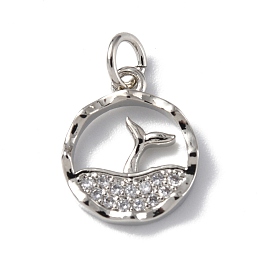 Honeyhandy Brass Micro Pave Cubic Zirconia Charms, with Jump Ring, Round Ring & Sea & Whale Tail Charms, Platinum, 13.5x11.5x2mm, Hole: 3mm