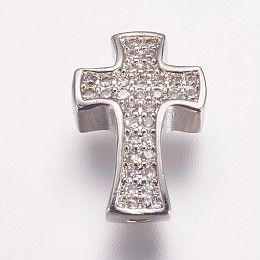 Honeyhandy Brass Micro Pave Cubic Zirconia Beads, Cross, Platinum, 14x9x4mm, Hole: 1.5mm