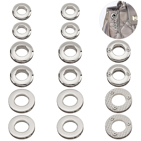 WADORN 18pcs Alloy Eyelets Grommets, Metal Screw-in Together Eyelets 10.5/13.8/16mm Round Grommet Snap Hole O-Ring Bag Loop Connector for DIY Handbag Clothes Curtain Leathercraft Making, Platinum