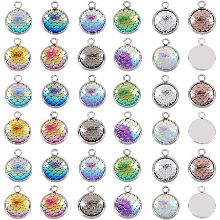 SUPERFINDINGS About 36Pcs 0.71x0.55x0.14Inch Flat Round Fish Scale Charms 12 Colors Mermaid Fish Scale Resin Pendants for Necklace Bracelet Jewelry Making