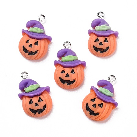 Halloween Opaque Resin Pendants, with Platinum Tone Iron Loops, Pumpkin with Purple Hat, Orange, 26x16.5x7mm, Hole: 2mm