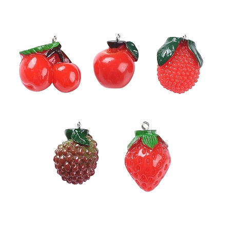 ARRICRAFT 20Pcs 5 Styles Resin Pendants, with Platinum Tone Iron Findings, Imitation Fruit, Strawberry & Waxberry & Apple & Cherry & Litchi, Red, 29~32x21mm, Hole: 2mm, 4pcs/style, 24pcs/box