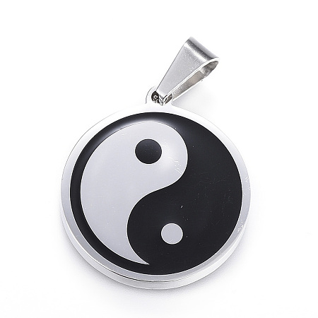 Honeyhandy Feng Shui 304 Stainless Steel Pendants, Enamel, Flat Round with Yin Yang, Stainless Steel Color, 28.5x25.5x3mm, Hole: 9.5x5mm