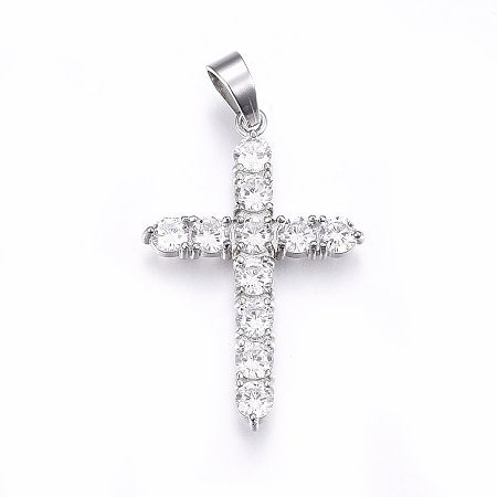 Honeyhandy 304 Stainless Steel Pendants, with Cubic Zirconia and Snap on Bails, Cross, Clear, Stainless Steel Color, 36x23.5x3.5mm, Hole: 5x7mm