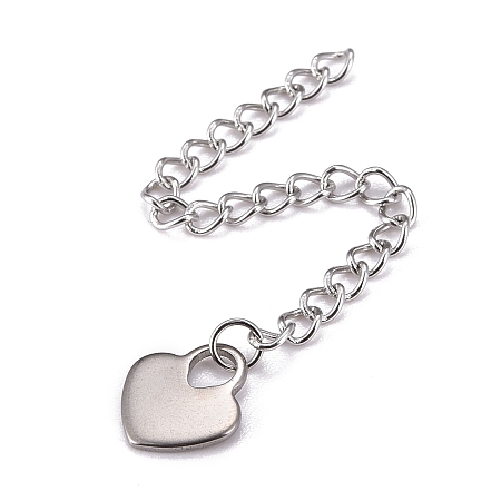 Honeyhandy 304 Stainless Steel Chain Extender, Curb Chain, with 202 Stainless Steel Charms, Heart, Stainless Steel Color, 59~65mm, Link: 3.7x3x0.5mm, Heart: 9.8x11x1mm