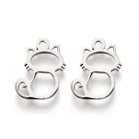 Honeyhandy 304 Stainless Steel Charms, Laser Cut, Cat Shape, Stainless Steel Color, 12x8x1mm, Hole: 1.2mm