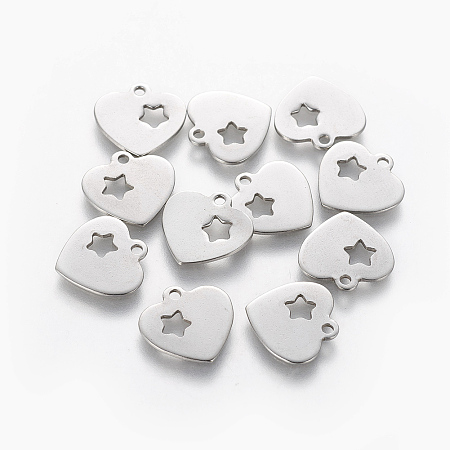 Honeyhandy 201 Stainless Steel Charms, Heart with Star, Stainless Steel Color, 12.5x13x0.5mm, Hole: 1.4mm