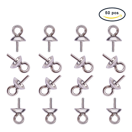 PandaHall Elite 7x4mm 304 Stainless Steel Cup Pearl Bail Pin Pendants For Half-drilled Beads Charms Jewelry Findings, about 50pcs/box