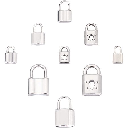 SUNNYCLUE 1 Box 9 Styles Silver Lock Charms Stainless Steel Padlock Pendants Mini Hollow Key Hole Lock Metal Charm for Valentine's Day Gifts Necklaces Earrings DIY Crafts Making Supplies