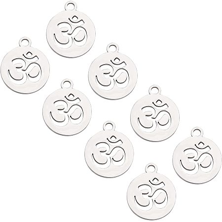 UNICRAFTALE 20pcs 304 Stainless Steel Pendants Flat Round with Ohm Pattern Charms Stainless Steel Color Small Hole Pendants for Jewelry Making 14x12x1mm, Hole 1.5mm