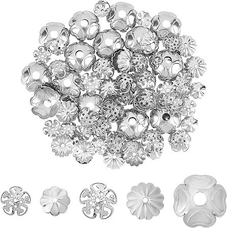 UNICRAFTALE About 100pcs 5 Size Flower Bead Caps, 8-14mm Surgical Steel Spacer Caps, Bead Cap Spacers for Bracelet Necklace Jewelry Making Stainless Steel Color