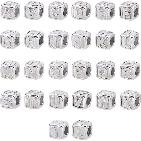 UNICRAFTALE 26pcs 8mm Cube with Letter A-Z Metal Bead Surgical Stainless Steel European Beads 4mm Large Hole Metal Loose Beads for Jewelry Making Stainless Steel Color