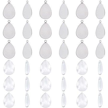 UNICRAFTALE about 32 Sets Teardrop Pendant Blanks with Glass Cabochons 24.5x18mm Tray Bezels Blank Charm Stainless Steel Pendant Cabochon Settings for DIY Jewelry Making, Stainless Steel Color