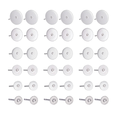 Arricraft 210Pcs 7 Size 304 Stainless Steel Stud Earring Settings, Flat Pad Earring Post, Flat Round, Stainless Steel Color, Tray: 3mm~12, 12x3~12mm, Pin: 0.7mm, 210pcs/Box