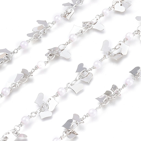 3.28 Feet Brass Chains, with Glass Beads & Heart Charm, Soldered, Long-Lasting Plated, Real Platinum Plated, 3.8x2.5x0.4mm