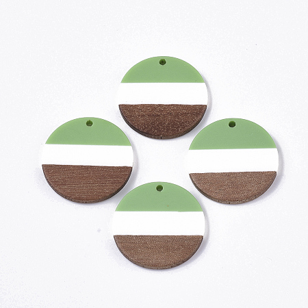 Tri-color Resin & Walnut Wood Pendants, Flat Round, Light Green, 28x3.5mm, Hole: 2mm