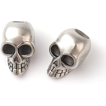 UNICRAFTALE 2pcs Stainless Steel Skull Beads Antique Silver Loose Beads 6.5mm Large Hole Finding Beads Halloween Decoration for Jewelry Making 20x13.5x13mm