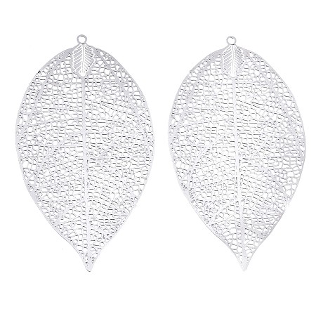 Honeyhandy 201 Stainless Steel Filigree Big Pendants, Etched Metal Embellishments, Leaf, Stainless Steel Color, 60x33x0.3mm, Hole: 1.6mm