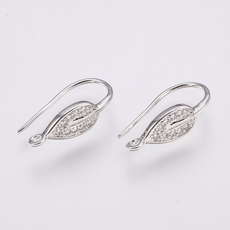 Honeyhandy Brass Micro Pave Cubic Zirconia Earring Hooks Findings, with Horizontal Loop, Leaf, Clear, Platinum, 21x6mm, Hole: 1.5mm, Pin: 0.8mm