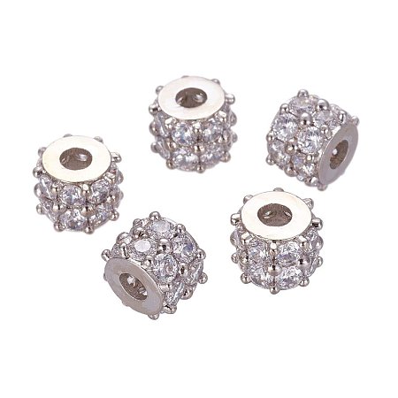 NBEADS 1 Pc Brass Micro Pave Cubic Zirconia Beads, Column, Platinum, 10x7mm, Hole: 3mm