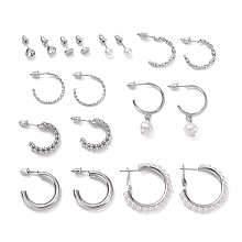 ARRICRAFT Ring & Round Rhinestone Stud Earrings, Imitation Pearl Beads Drop Half Hoop Earrings, Open Hoop Earrings for Women, Platinum, 6~35.5x1.5~7mm, Pin: 0.8mm, 9 pairs/set