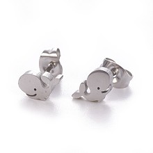 Honeyhandy 304 Stainless Steel Stud Earrings, Hypoallergenic Earrings, with Ear Nuts/Earring Back, Whale Shape, Stainless Steel Color, 5x8.5mm, Pin: 0.8mm, 12pairs/card