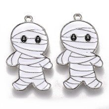 Honeyhandy Halloween Theme Alloy Enamel Pendants, White Mummy Shape, Platinum, 26.5x16x1.5mm, Hole: 1.6mm