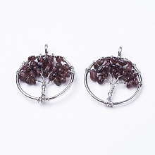 Honeyhandy Natural Garnet Pendants, with Brass Findings, Flat Round with Tree of Life, Platinum, 29x5~7mm, Hole: 4.5mm