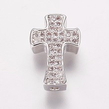 Honeyhandy Brass Cubic Zirconia Beads, Cross, Clear, Platinum, 14x9x3.5mm, Hole: 1mm