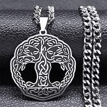 Honeyhandy 304 Stainless Steel Enamel Tree of Life Trinity Knot Pendant Necklaces, Curb Chains Necklaces for Women Men, Stainless Steel Color, 19.37 inch(49.2cm)